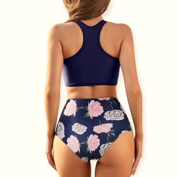 NWT High Waisted Swimsuits Mesh Sporty Tops Retro Swimwear Modest Racerback - Picture 2 of 5